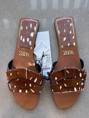NWT ZARA FAUX FUR CROSSED LEATHER SANDALS